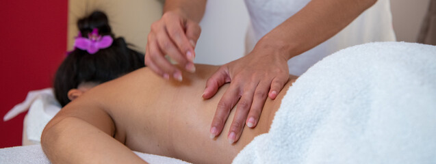 Fototapeta na wymiar Junge Frau bekommt eine Wellness Thaimassage mit Aromaölen in einem Massagesalon 
