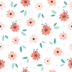 Flowers and green leaves seamless pattern. Design for fabric, textile, wrapping paper. Hand drawn vector illustration
