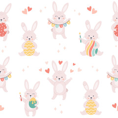 Easter bunny with Easter eggs seamless pattern. White rabbit. Happy Easter. Vector illustration