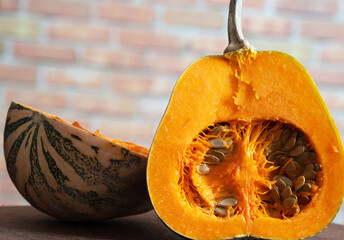 Pumpkin halved showing seeds