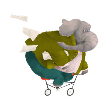 Elephant in a business suit rides bike. Cute cartoon character.
