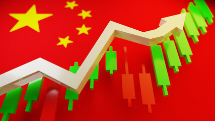 China economy growth concept. Chart with growing line in front of the flag of Peoples Republic Of China