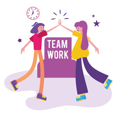 Pair of girls doing high five Teamwork concept Vector