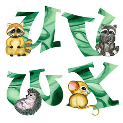 Alphabet and numbers set with green watercolor fill and cute forest animals .The set is suitable for greeting cards, invitations, for design works,crafts and hobbies.