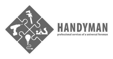Handyman concept in gray.Professional services of a universal foreman. Workshop, repairman services, carpenter, any type of repair of home: installation plumbing, carpentry, power network. Vector EPS1 - obrazy, fototapety, plakaty