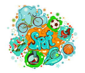 Sports text and sports equipment set. graffiti. Vector illustration