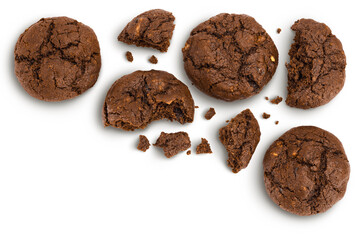 chocolate cookies broken isolated on white background with clipping path and full depth of field. Top view with copy space for your text. Flat lay