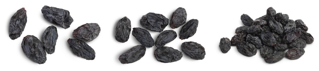Black raisin isolated on white background with clipping path. Top view. Flat lay, Set or collection