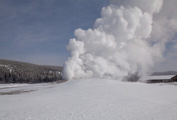 Old Faithful in Yellowstone National Park Wyoming in Winter