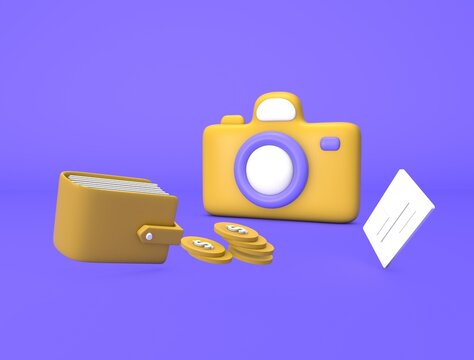 earn money from selling photos or Earn Money by selling photos or buy Photos from card Concept wallet card and Camera 3d render illustration