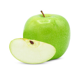 Whole green apple and slice isolated on white background.