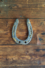 old horseshoe and rake on a wooden door