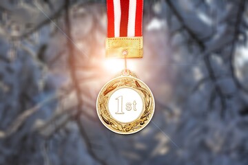 Gold medal of the Winter Olympic Games in the snow. - obrazy, fototapety, plakaty