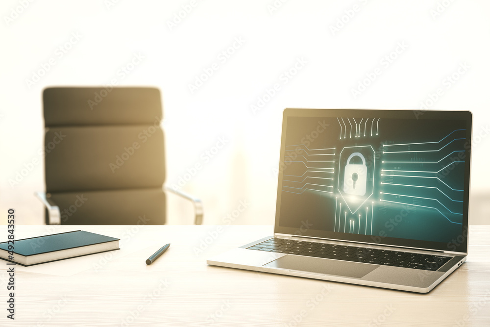 Aufkleber Computer monitor with creative light lock illustration and microcircuit, cyber security concept. 3D Rendering