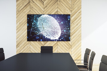 Abstract graphic fingerprint sketch on tv display in a modern presentation room, fingerprint scan data concept. 3D Rendering