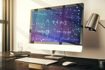 Creative scientific formula hologram on modern laptop monitor, research concept. 3D Rendering