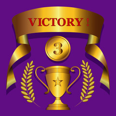 The winner's gold cup with a laurel, a gold medal with the number 3 . Gold ribbon with the inscription VICTORY. On a purple background. The ceremony of the championship. Vector illustration.