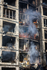 War in Ukraine. Damaged residential building in Kyiv