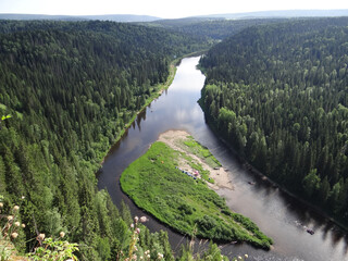 View of the island and the river Usva from the Usvinskiye Pillars. Perm region. Russia