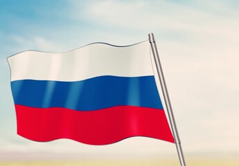 Russian tricolor flag waving in the wind against sky.