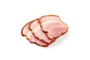 Smoked pork loin with slices, isolated on white background.