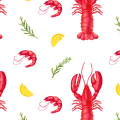 Watercolor seafood seamless pattern with rosemary, lobster, lemon and shrimp isolated on white background