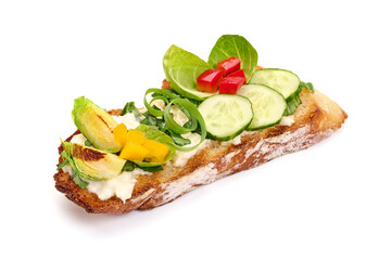 Fototapeta na wymiar Crostini with various toppings, isolated on white background. High resolution image.