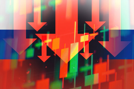Decreasing red arrows showing the deterioration of the economy or the fall of stocks on the stock exchange in Russia.