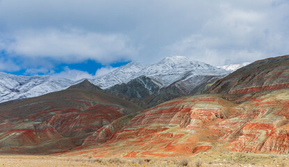 Colored red mountains in the Khizi region in Azerbaijan.
