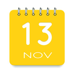 13 day of the month. November. Cute yellow calendar daily icon. Date day week Sunday, Monday, Tuesday, Wednesday, Thursday, Friday, Saturday. Cut paper. White background. Vector illustration.