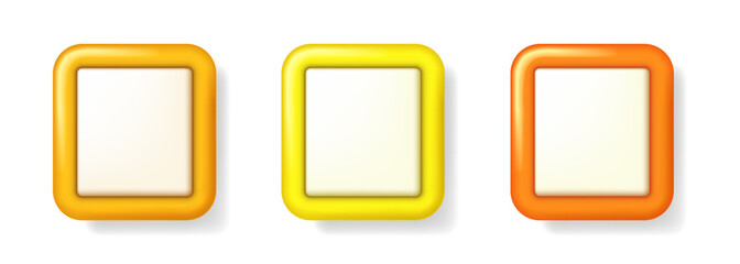 3d blank board. Toy white clay tablet with colored frames. A set of three elements isolated on a white background. Vector clipart.