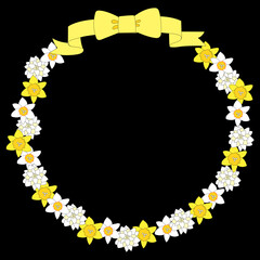 A round frame of yellow daffodil flowers and a ribbon with black background
