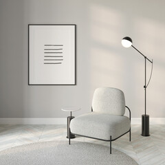 Modern light interior with a vertical poster on a light gray wall, a modern black lamp near a minimalist armchair with a coffee table, a round carpet on a white parquet floor. Front view. 3d render