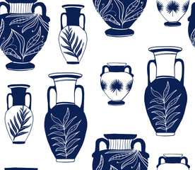 Ceramic antique vase seamless pattern. Antique blue aesthetic ceramic amphora with ornament on white background. Old vases, pot, pottery for interior, decoration, wallpaper. Antique set. 