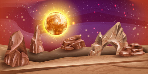 Mars landscape, cracked stone, Saturn, sky, vector alien planet red background, Martian desert rocks. Game space banner, cosmic adventure panorama, fantastic land surface, star. Mars landscape view © Oleksandra