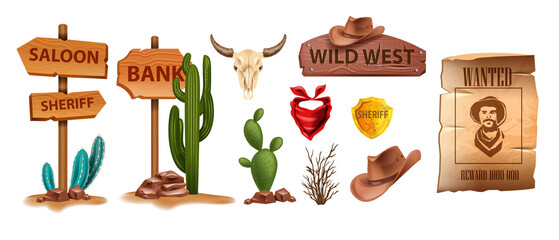Wild west vector icon set, cartoon game UI cowboy object, sheriff golden badge, cow skull on white. Wanted parchment poster, wooden road sign board, canyon cactus, stone. Wild west adventure element