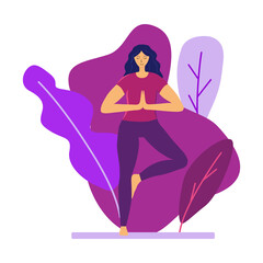 Obraz na płótnie Canvas Young woman practices relaxing joga vector flat illustration