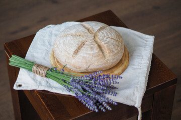 fresh homemade bread on a wooden board close up