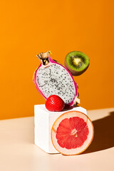 Vibrant product shot of tropical fruits in art composition against Summery orange background
