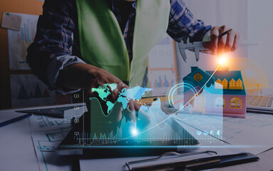 Architect or engineer working in office with blueprints,engineer inspection in workplace for architectural plan,sketching a construction project ,selective focus,Business construction concept.