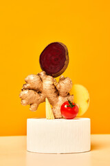 Vibrant product shot of fresh vegetables in art composition with ginger root, immunity building diet