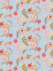 Seamless pattern with flowers, circles and brunches in the light blue background