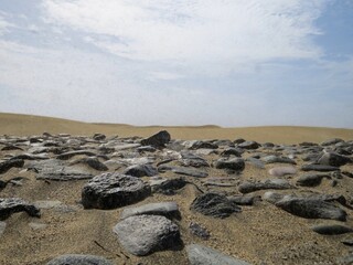 El poder del viento. Vista cercana de los granos de arena saltando sobre las rocas arrastrados por la fuerza del viento. Campo de dunas de Maspalomas, Gran Canaria, España.