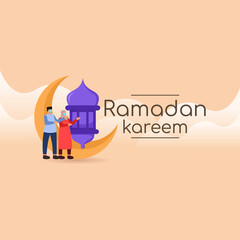 Ramadan kareem Muslim Character and Mosque in Cartoon Style Premium Vector