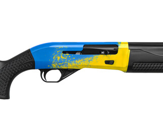 Modern black semi-automatic shotgun with blue yello accents isolate on a white back. Weapons for sport and hunting.