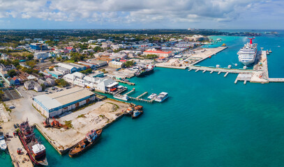 Nassau downtown aerial view and Cruises docked at Nassau Cruise Port in downtown Nassau, New...