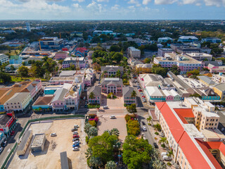 Bahamian Parliament building aerial view on Bay Street in downtown Nassau, New Providence Island, Bahamas. 