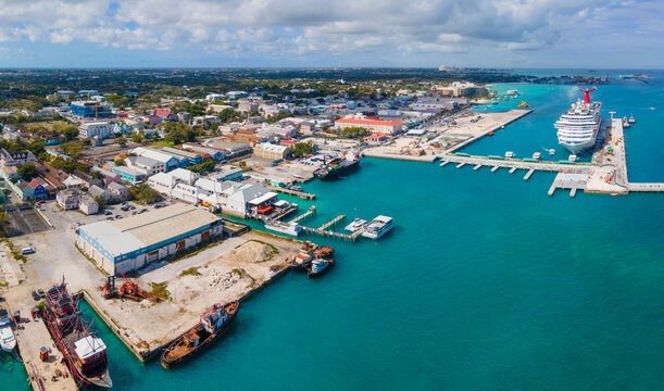 Nassau downtown aerial view and Cruises docked at Nassau Cruise Port in downtown Nassau, New Providence Island, Bahamas. 