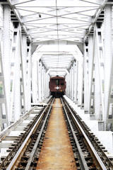 Approaching train on the  Yamuna Railway Bridge. Agra, India