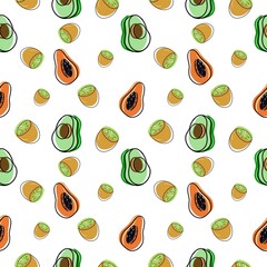 Seamless pattern, exotic fruits on a white background, avocado slices, kiwi, cartoon style